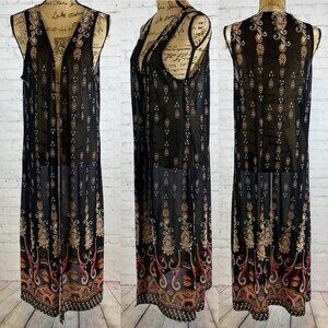 Highness Black Semi Sheer Paisley Print Open Front Long Kimono